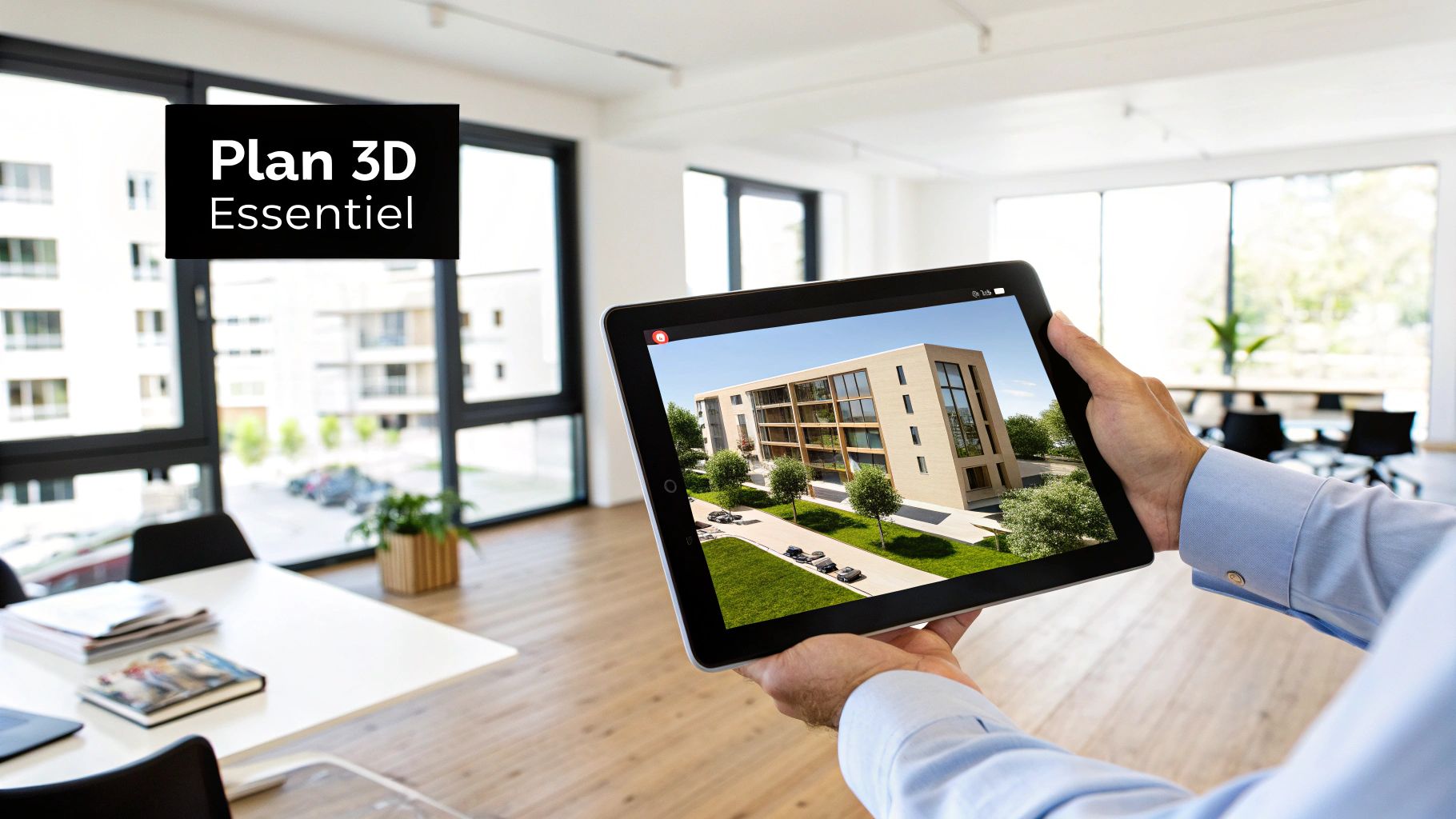 Plan d'un appartement moderne vu de dessus en 3D, montrant le mobilier et l'agencement des pièces.