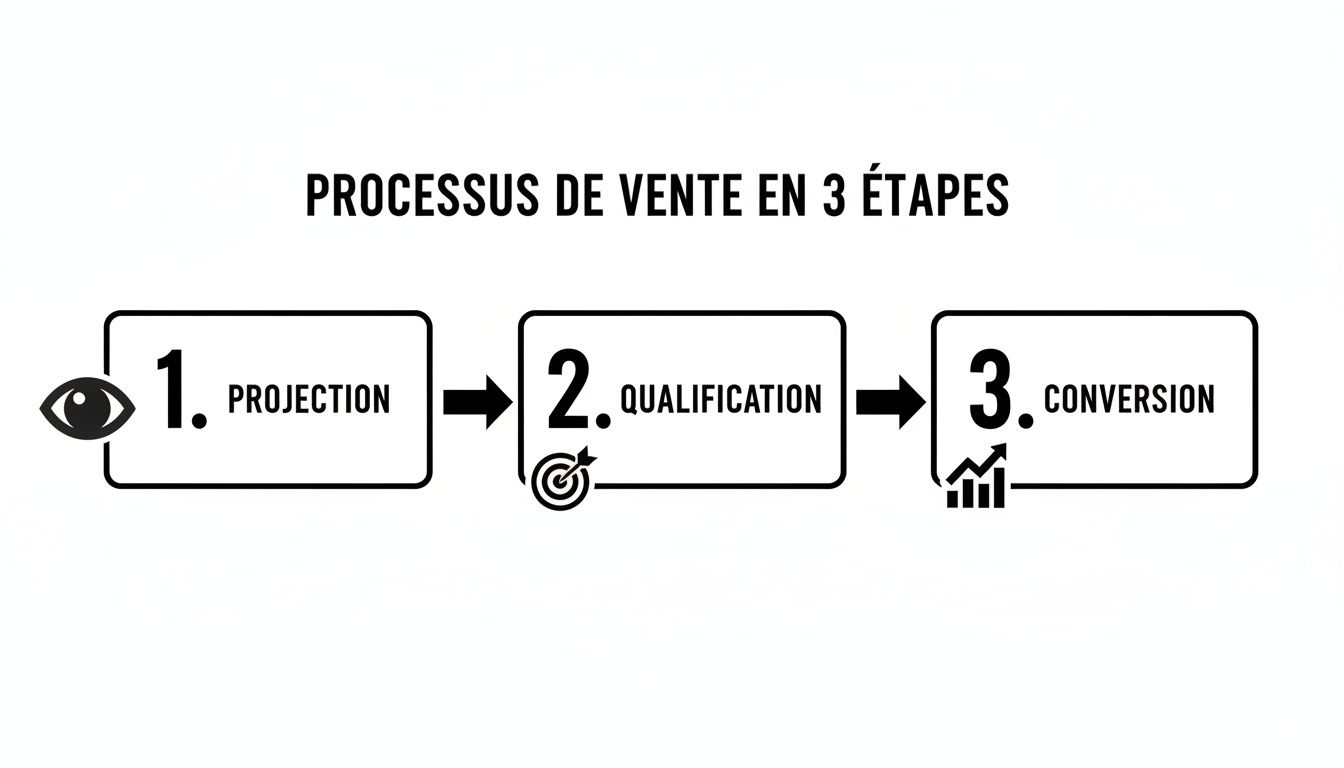 Diagramme illustrant un processus de vente en trois étapes: projection, qualification et conversion, avec des icônes descriptives.