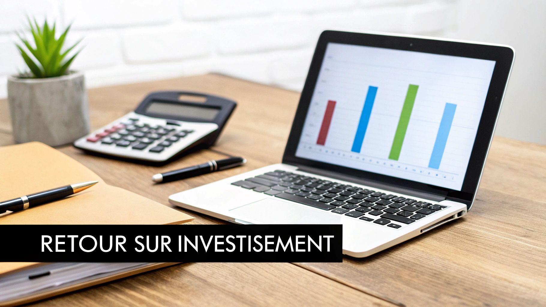 Bureau avec ordinateur portable affichant un graphique financier, calculatrice, et le texte 'RETOUR SUR INVESTISSEMENT'.