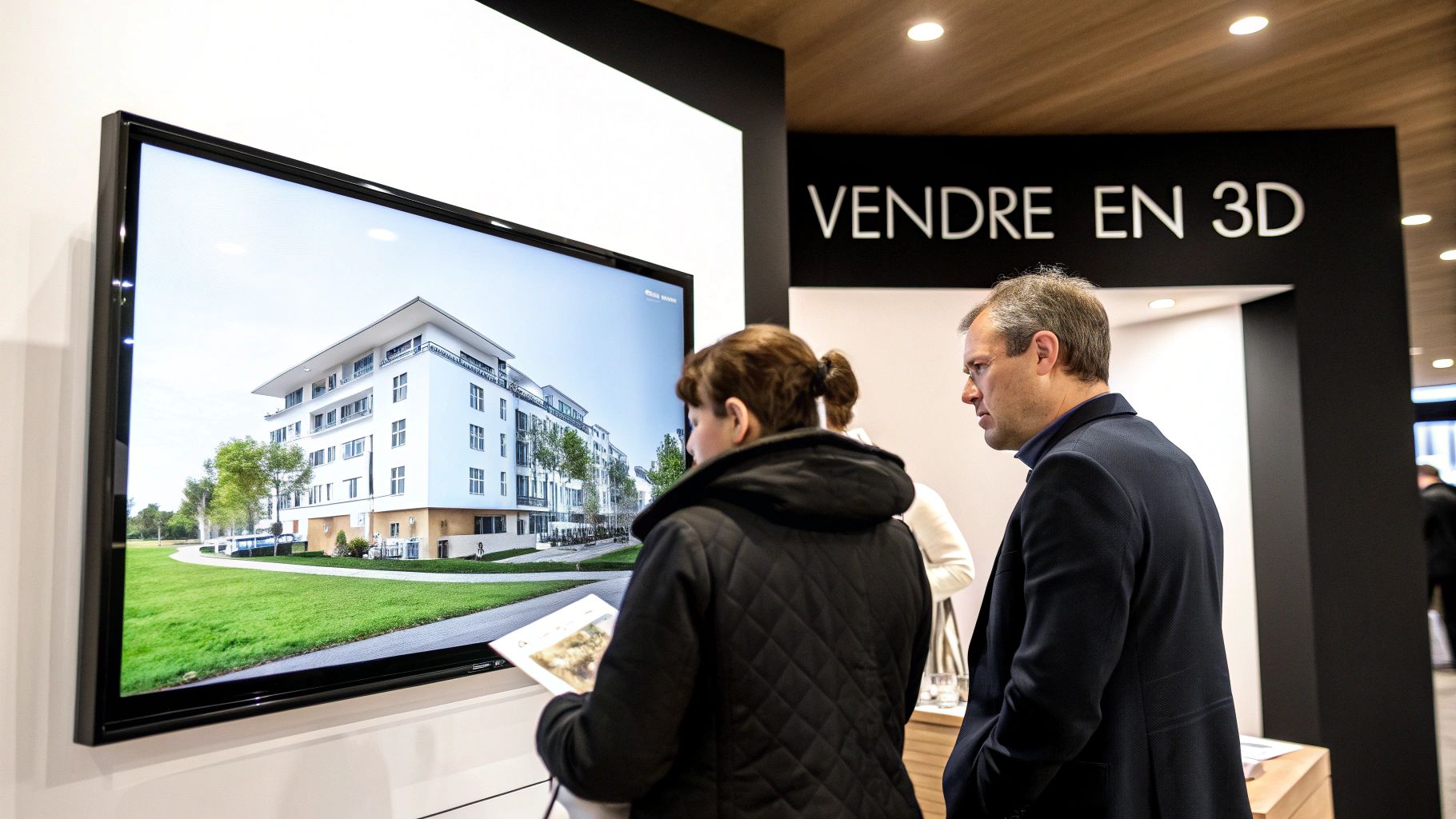 Deux personnes regardant attentivement un grand écran affichant un immeuble moderne avec un espace vert, dans un salon immobilier. Le texte « VENDRE EN 3D » est visible.