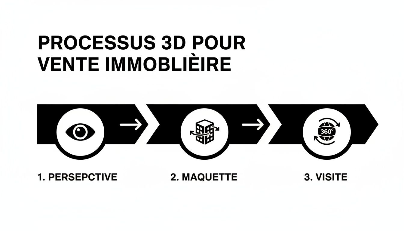 Infographie illustrant le processus de modélisation 3D pour la vente immobilière en trois étapes : perspective, maquette, visite.