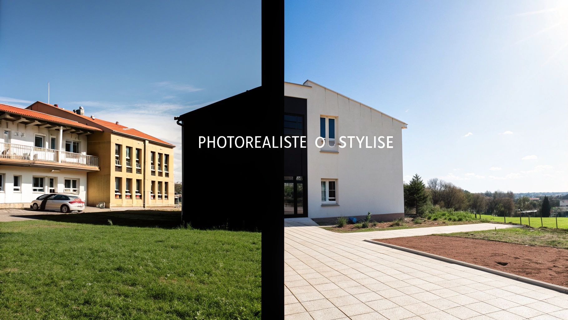 Contraste entre un bâtiment ancien réel et une nouvelle perspective architecturale stylisée en 3D.