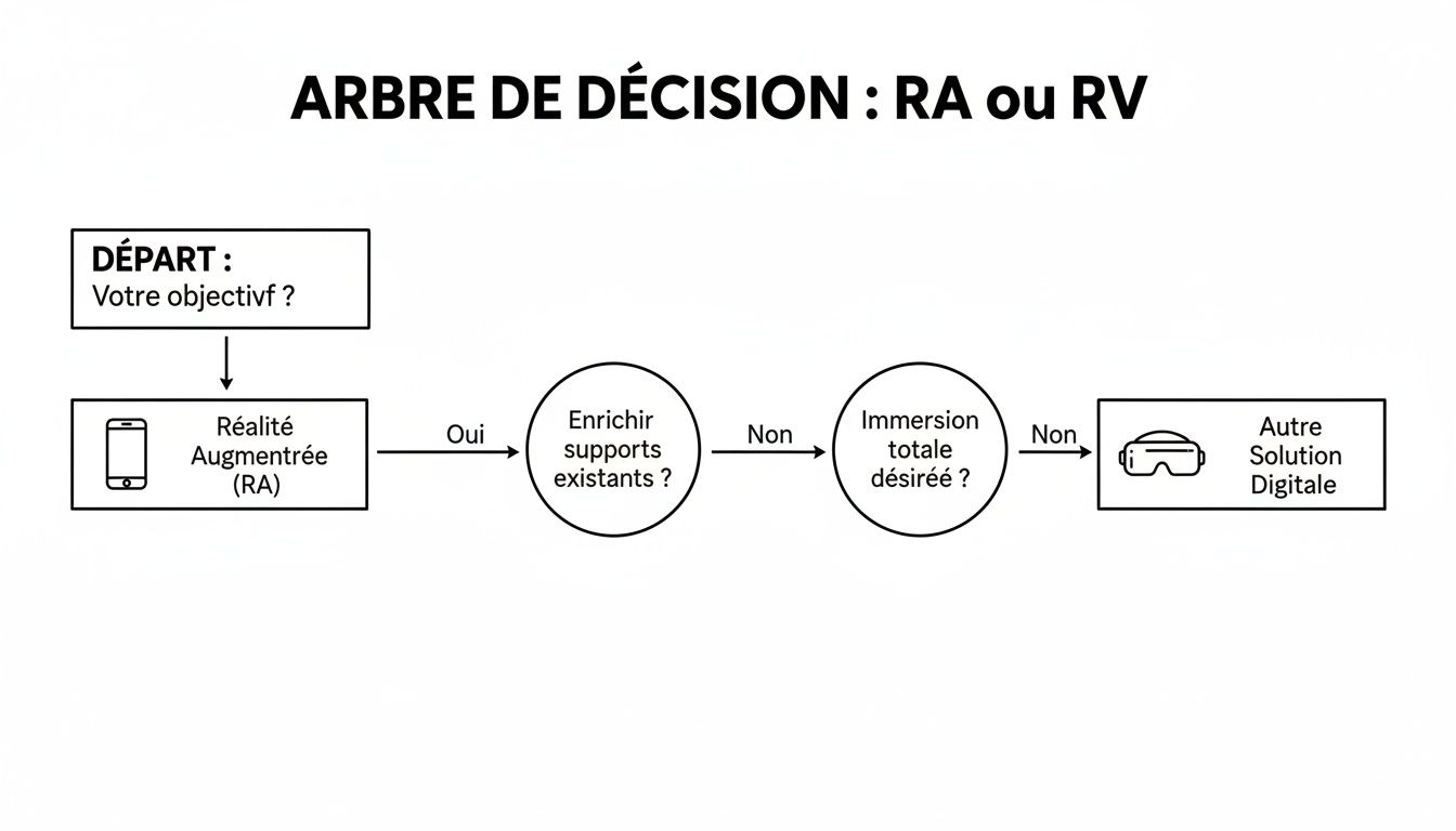 Arbre de décision guidant le choix entre Réalité Augmentée (RA) et Réalité Virtuelle (RV) selon l'objectif.