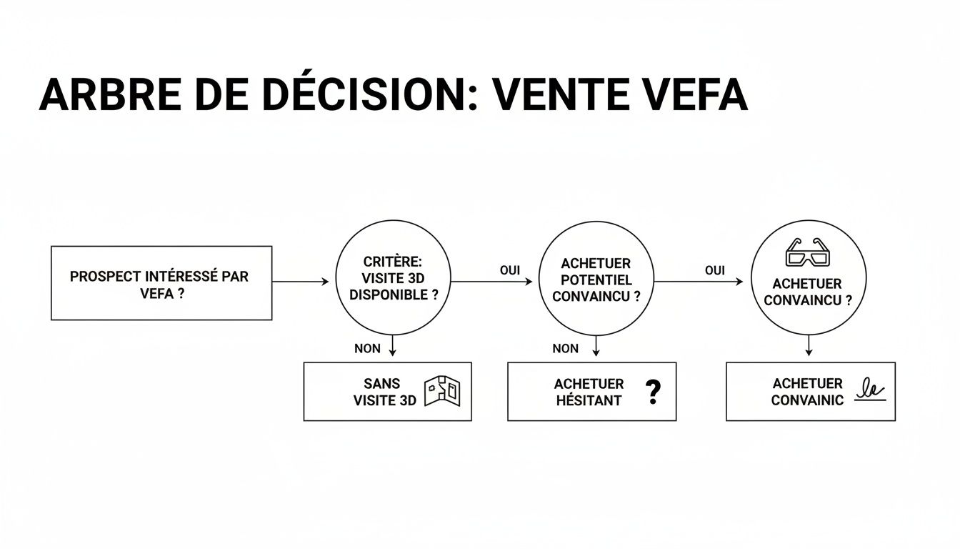 Diagramme de flux illustrant un arbre de décision pour la vente VEFA, détaillant les étapes de la visite 3D et la conviction de l'acheteur.
