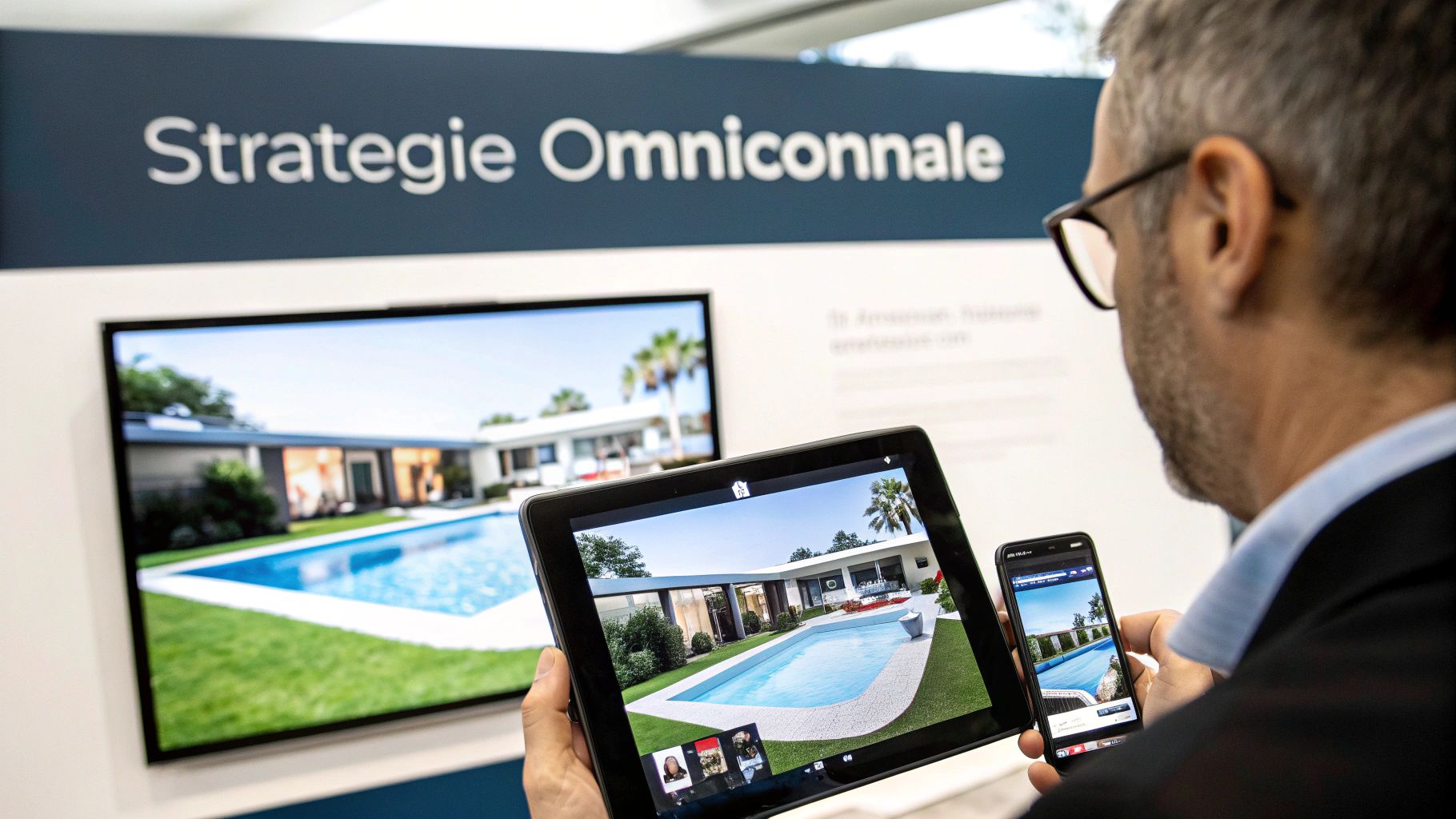 Un homme utilise une tablette et un smartphone pour visualiser une maison moderne avec piscine, illustrant une stratégie omnicanale.
