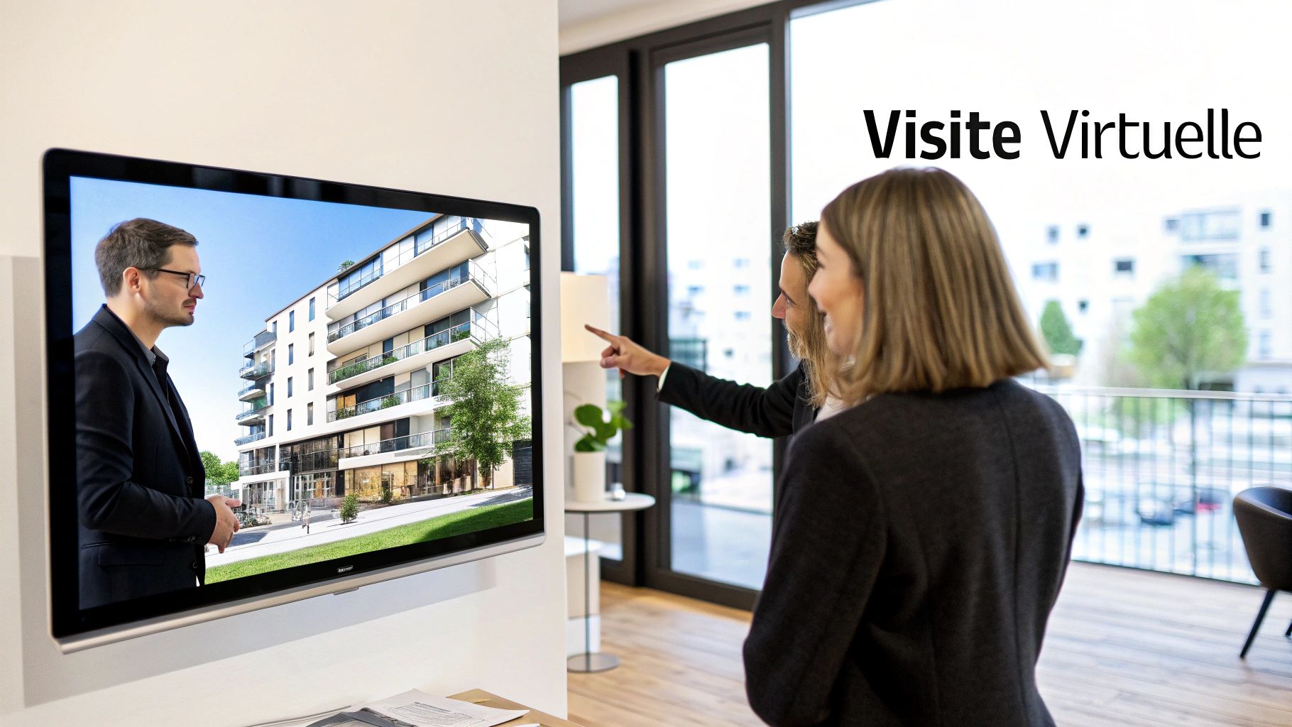 Deux agents immobiliers regardent un écran géant affichant un immeuble moderne, suggérant une visite virtuelle.