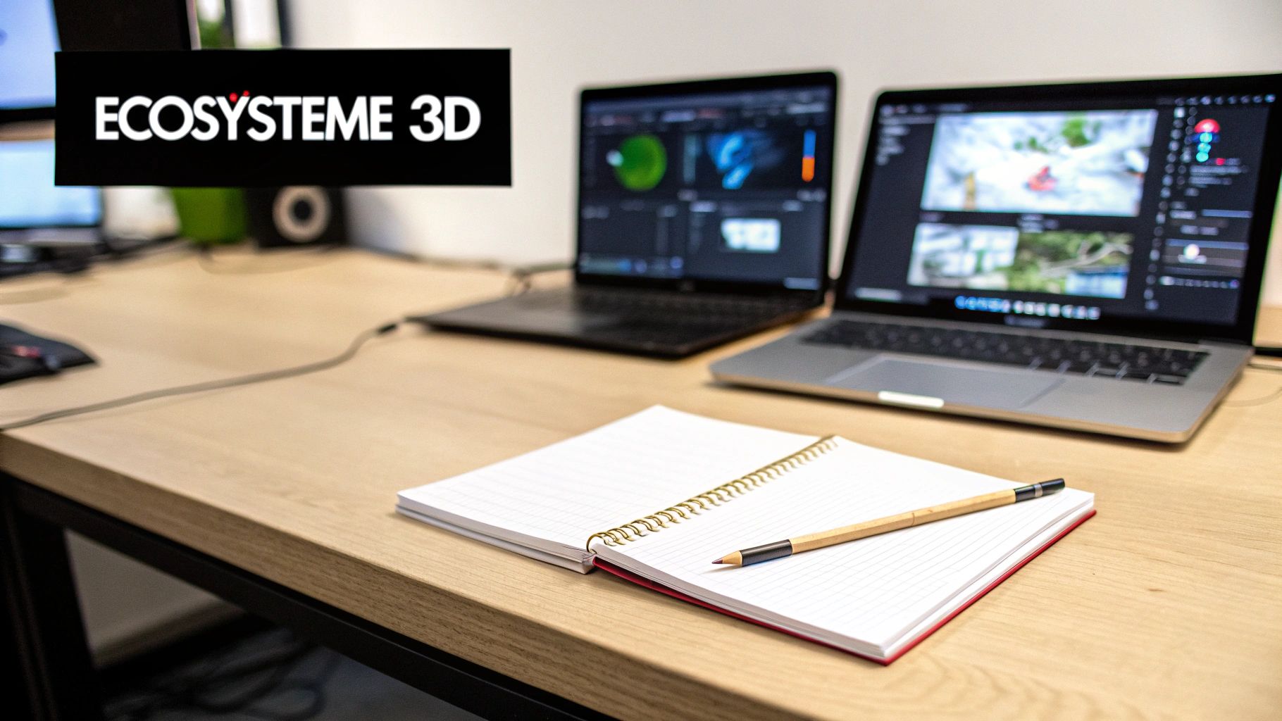 Bureau avec deux ordinateurs portables affichant des logiciels 3D, un cahier et un crayon, soulignant l'écosystème 3D.