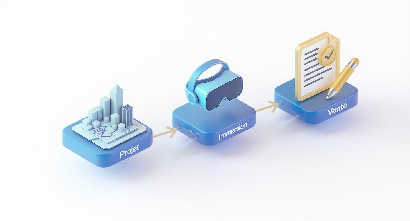 Infographie 3D montrant le processus de vente immobilière: projet architectural, immersion VR et signature du contrat.