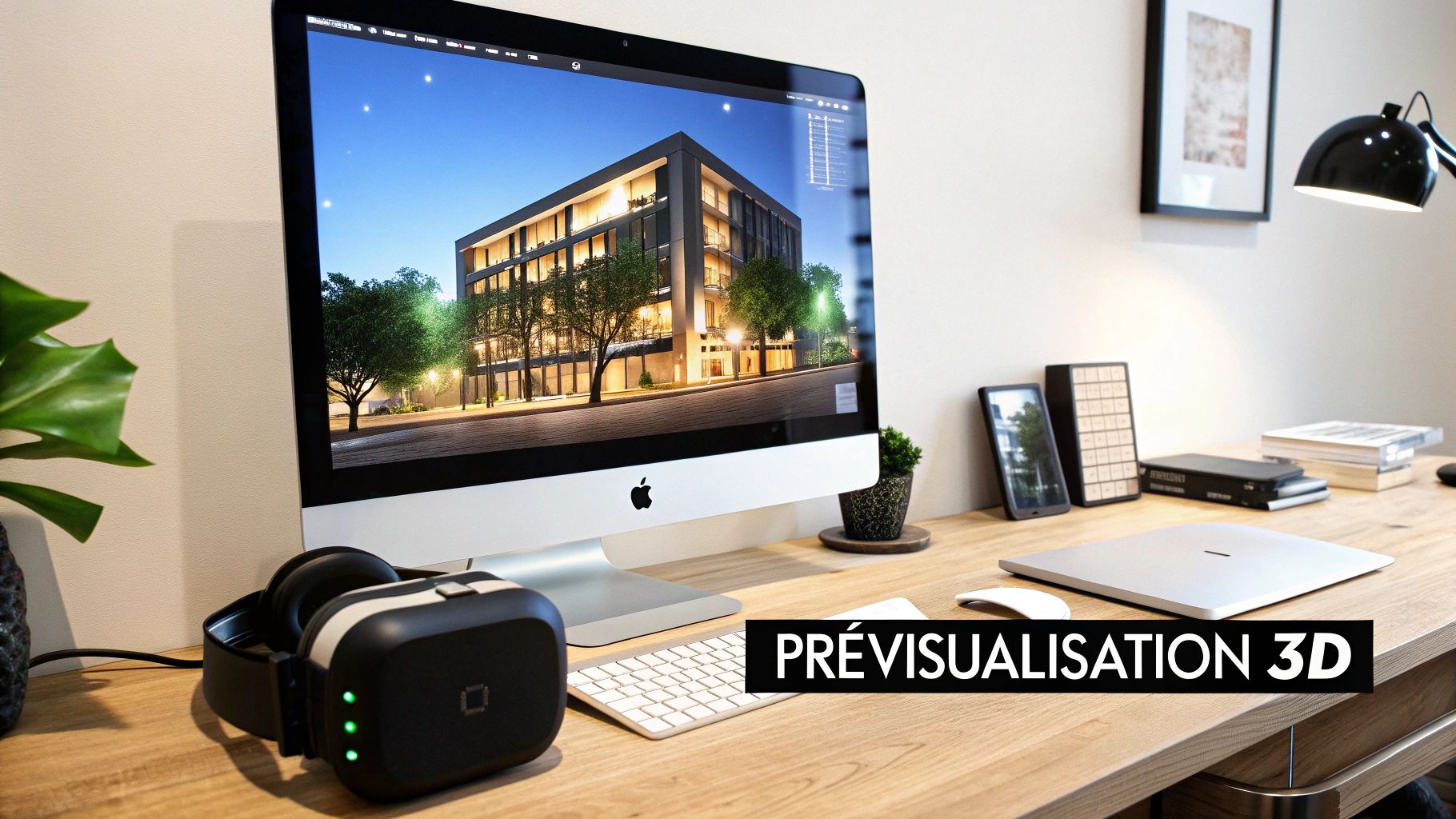 Un bureau moderne avec un iMac affichant une prévisualisation 3D d'un bâtiment architectural de nuit, entouré d'un casque VR et d'autres appareils.