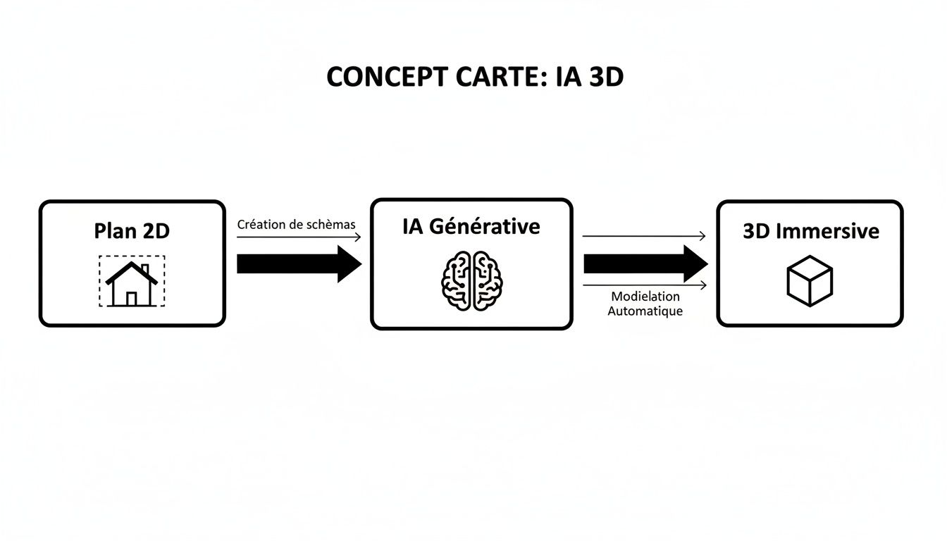 Schéma illustrant le processus de transformation de plans 2D en 3D immersive grâce à l'IA générative.