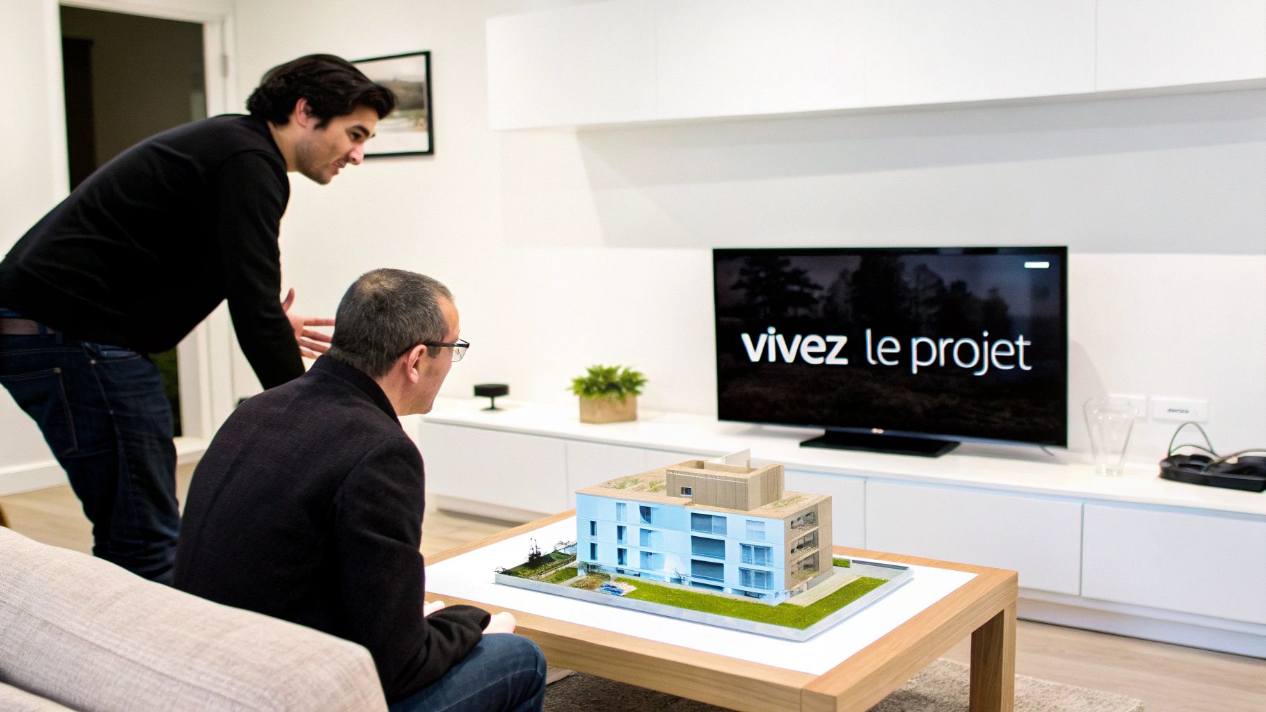 Deux hommes regardent une maquette architecturale détaillée posée sur une table, avec un écran affichant "vivez le projet" en arrière-plan.