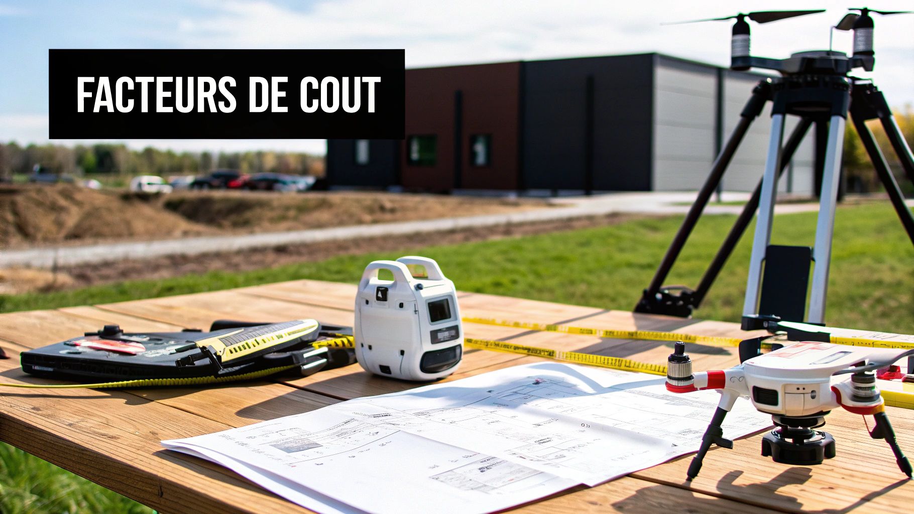 Équipement de topographie moderne, drones et plans sur une table en bois avec des bâtiments en arrière-plan, illustrant les facteurs de coût.