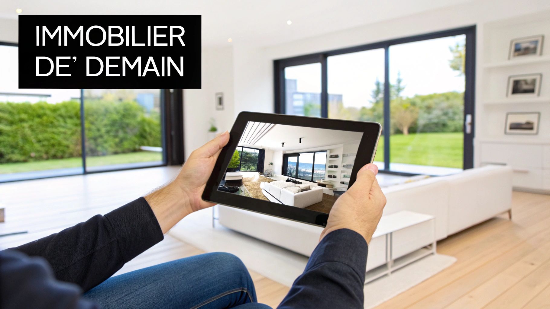 Une personne tenant une tablette affiche une visite virtuelle d'une maison moderne, symbolisant l'immobilier du futur.