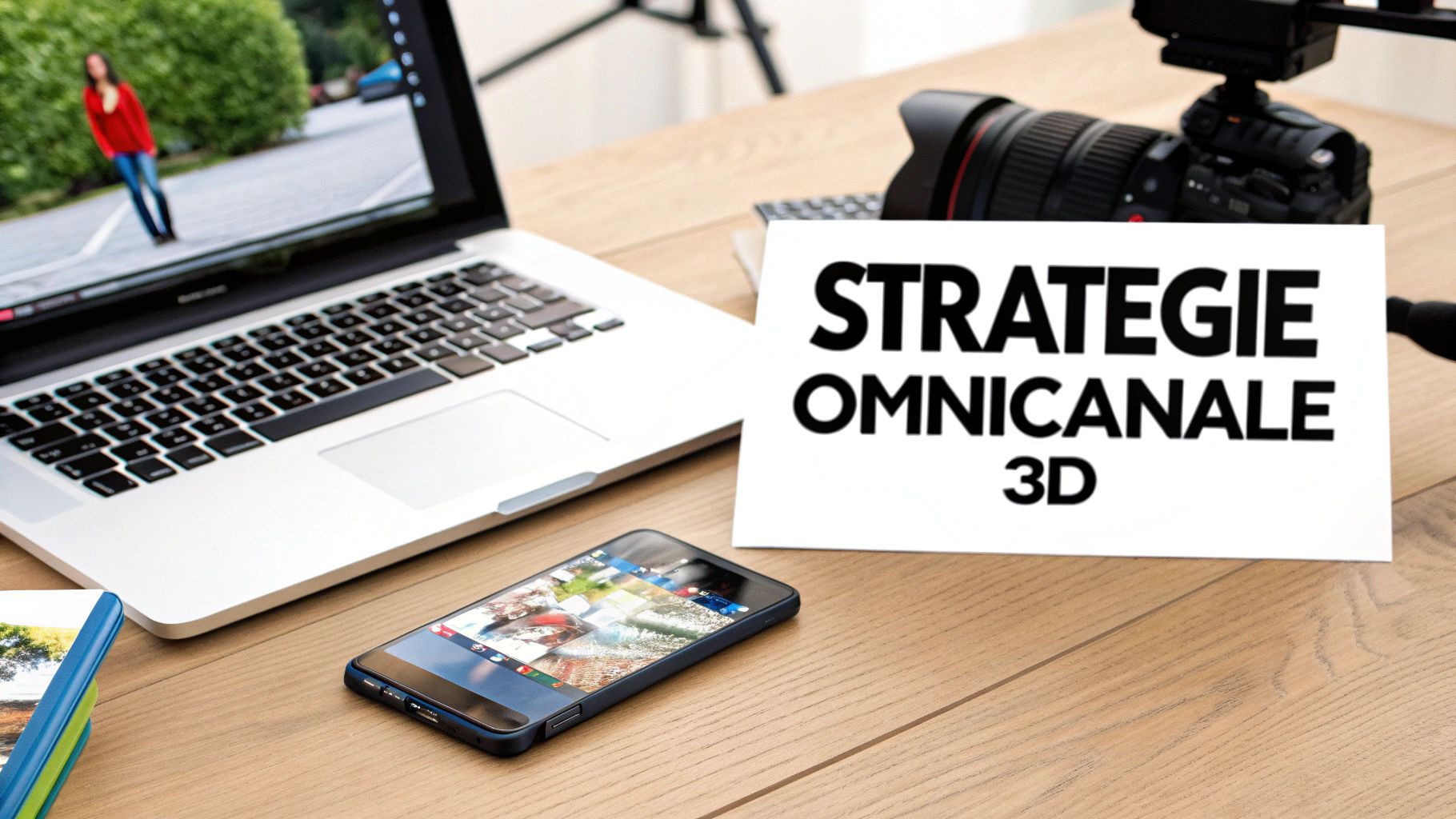 Un bureau en bois avec ordinateur portable, smartphone, caméra et une pancarte «STRATEGIE OMNICANALE 3D».