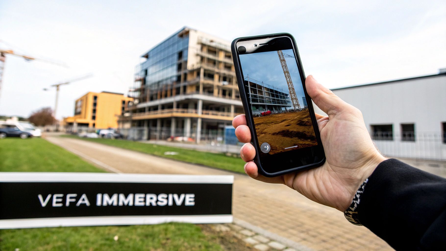Main tenant un smartphone affichant la réalité augmentée d'un chantier de construction, avec panneau VEFA IMMERSIVE.