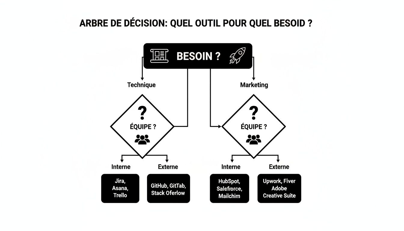 Un arbre de décision détaillant le choix d'outils selon le besoin (technique/marketing) et le type d'équipe (interne/externe).