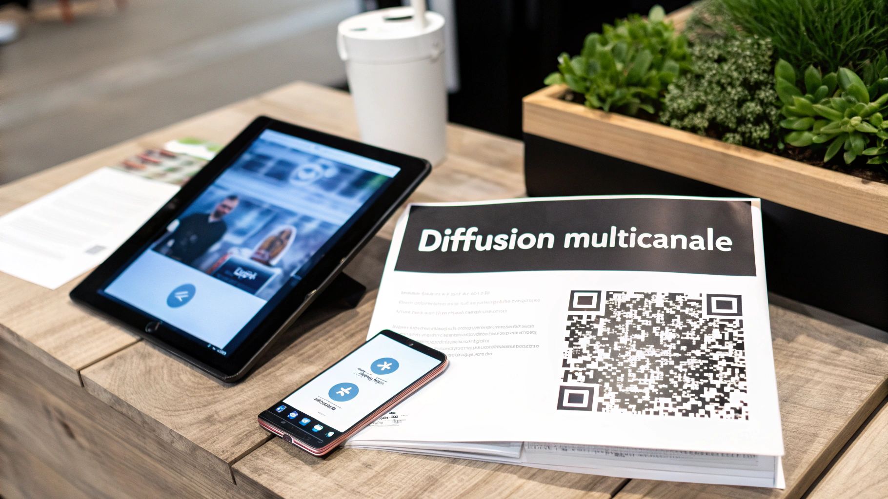 Une tablette, un smartphone et un document intitulé "Diffusion multicanale" avec un QR code sur une table en bois.