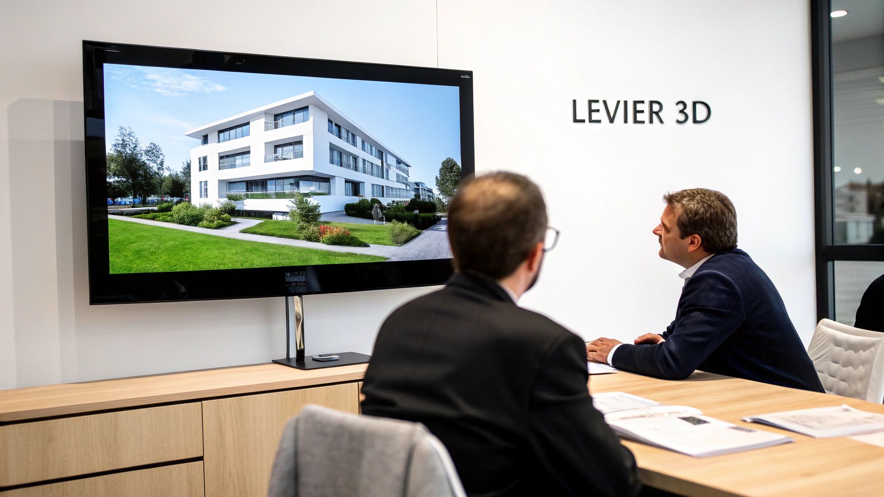 Deux hommes en réunion regardent une modélisation 3D d'un bâtiment moderne sur un écran, dans un bureau lumineux.