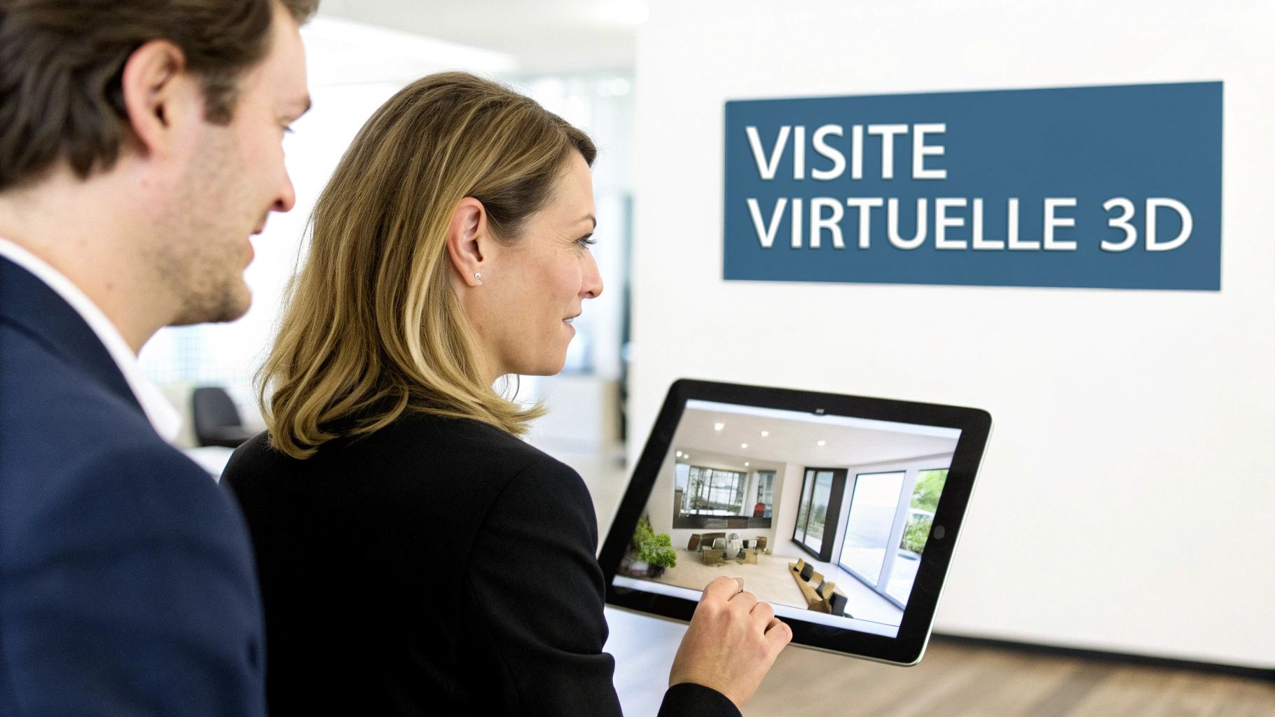 Une femme et un homme regardent une visite virtuelle 3D d'un appartement sur une tablette, affichant une solution immobilière.