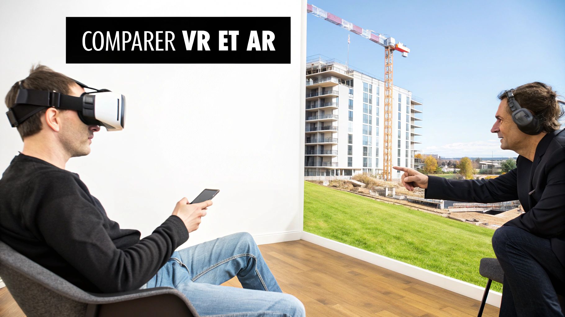 Un homme en VR et un autre avec des écouteurs regardent un chantier de construction pour comparer VR et AR.