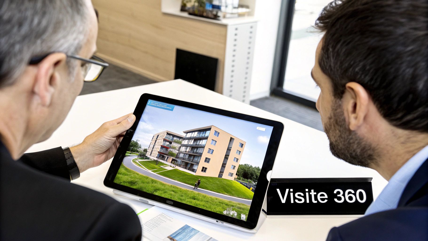 Deux hommes regardent une visite virtuelle 360 d'un bâtiment résidentiel moderne sur une tablette, facilitant la vente immobilière.