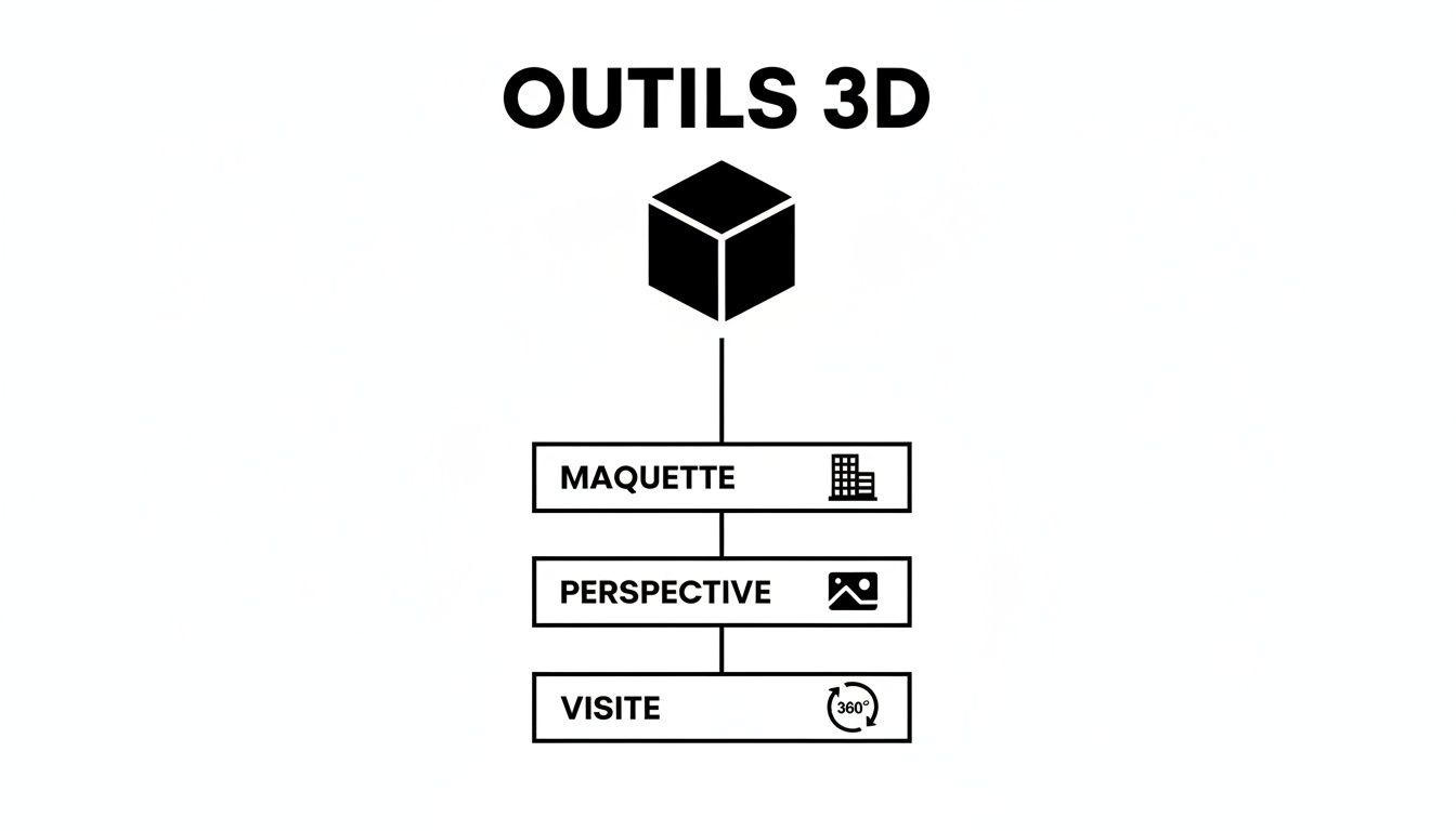 Schéma illustrant les outils 3D : une boîte 3D mène à la maquette, la perspective et la visite virtuelle 360 degrés.