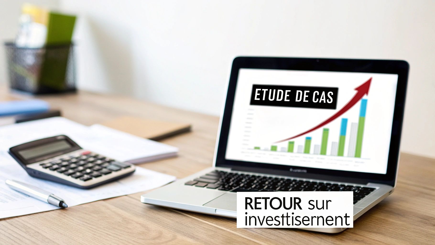 Ordinateur portable affichant un graphique de croissance et les textes "ETUDE DE CAS" et "RETOUR sur investissement" sur un bureau.