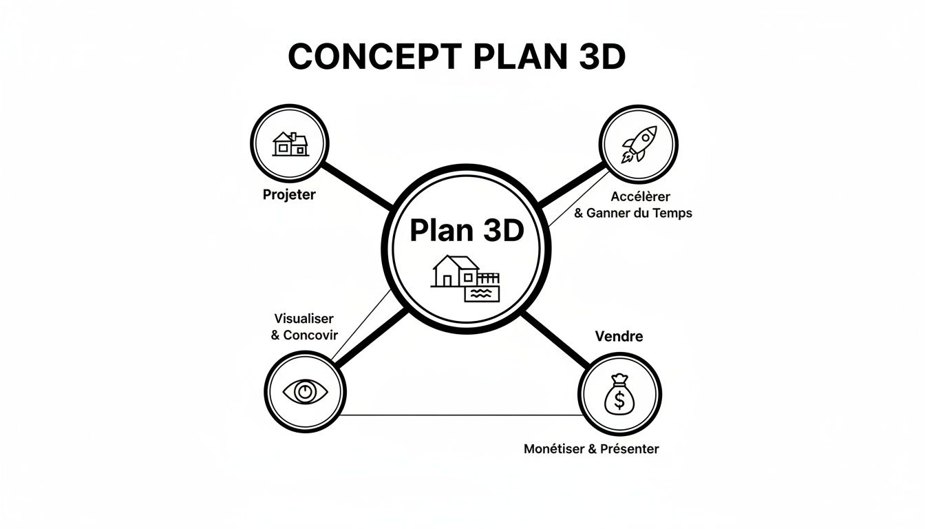 Diagramme conceptuel Plan 3D montrant comment projeter, visualiser, accélérer et vendre des projets de piscine et maison.