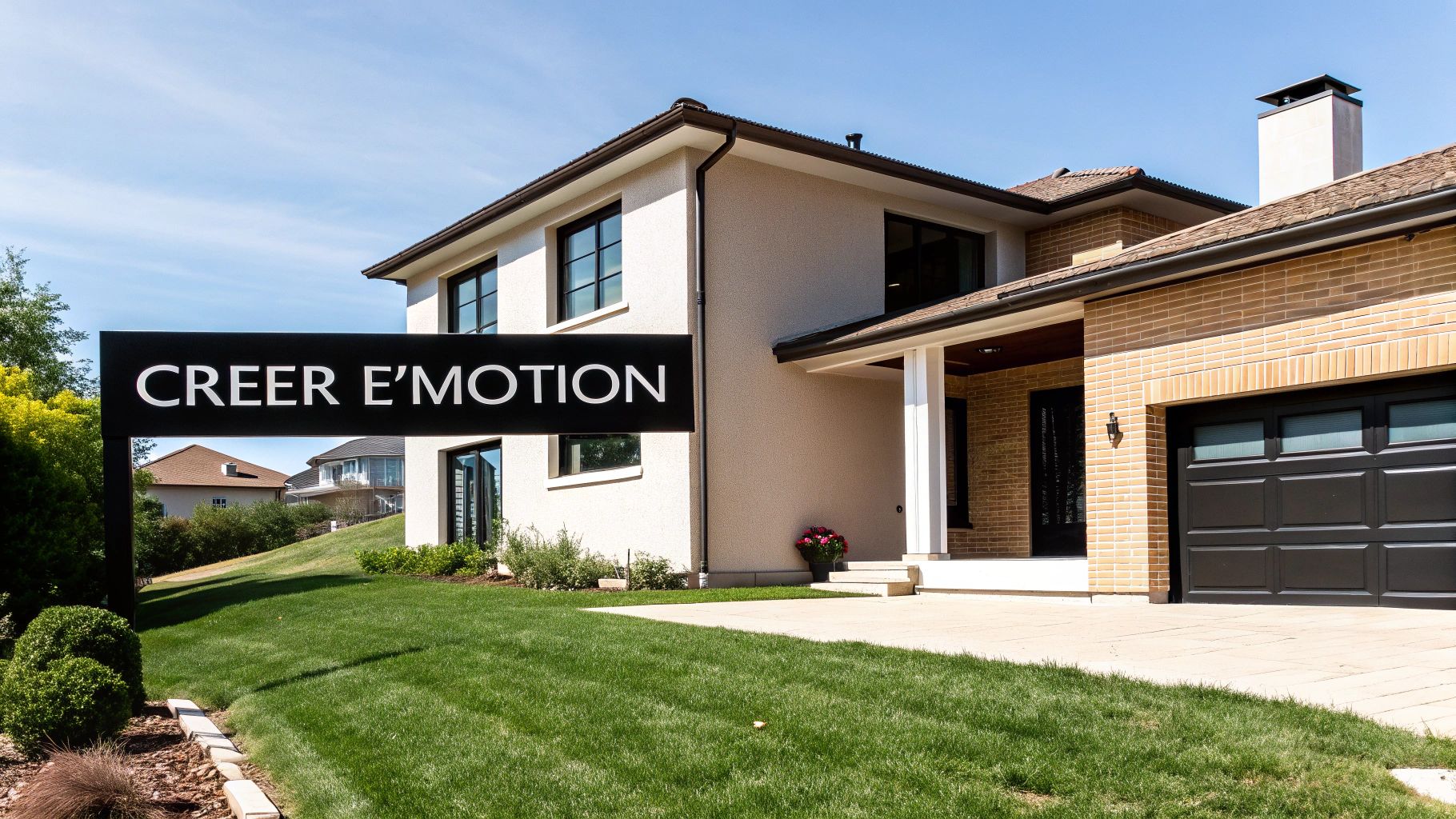 Une grande maison moderne avec un toit en tuiles, une pelouse verte impeccable et une pancarte noire "CREER E'MOTION".