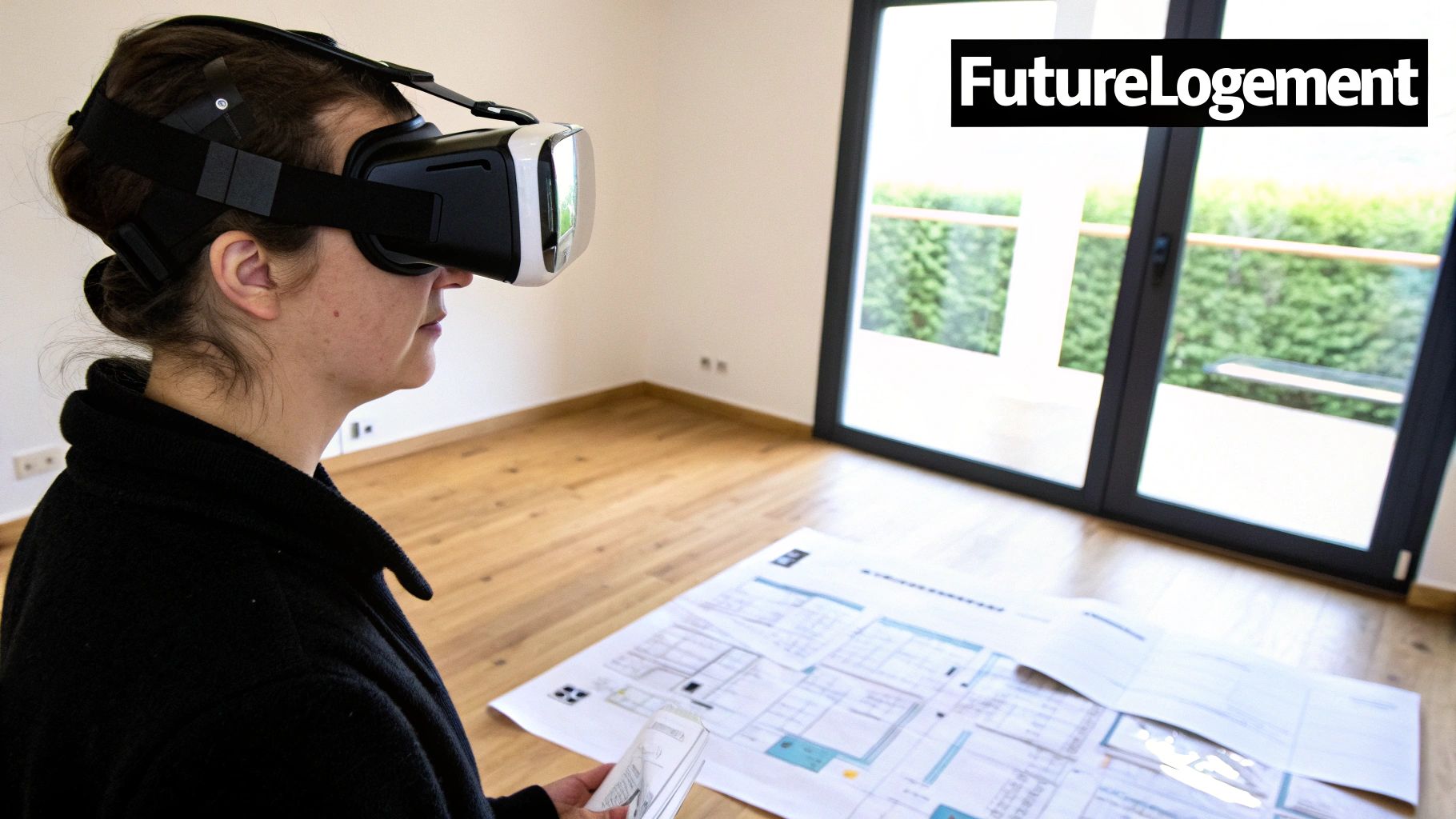 Intérieur d'un appartement moderne en rendu 3D, montrant un salon et une cuisine ouverts et lumineux, illustrant une visite maison virtuelle.