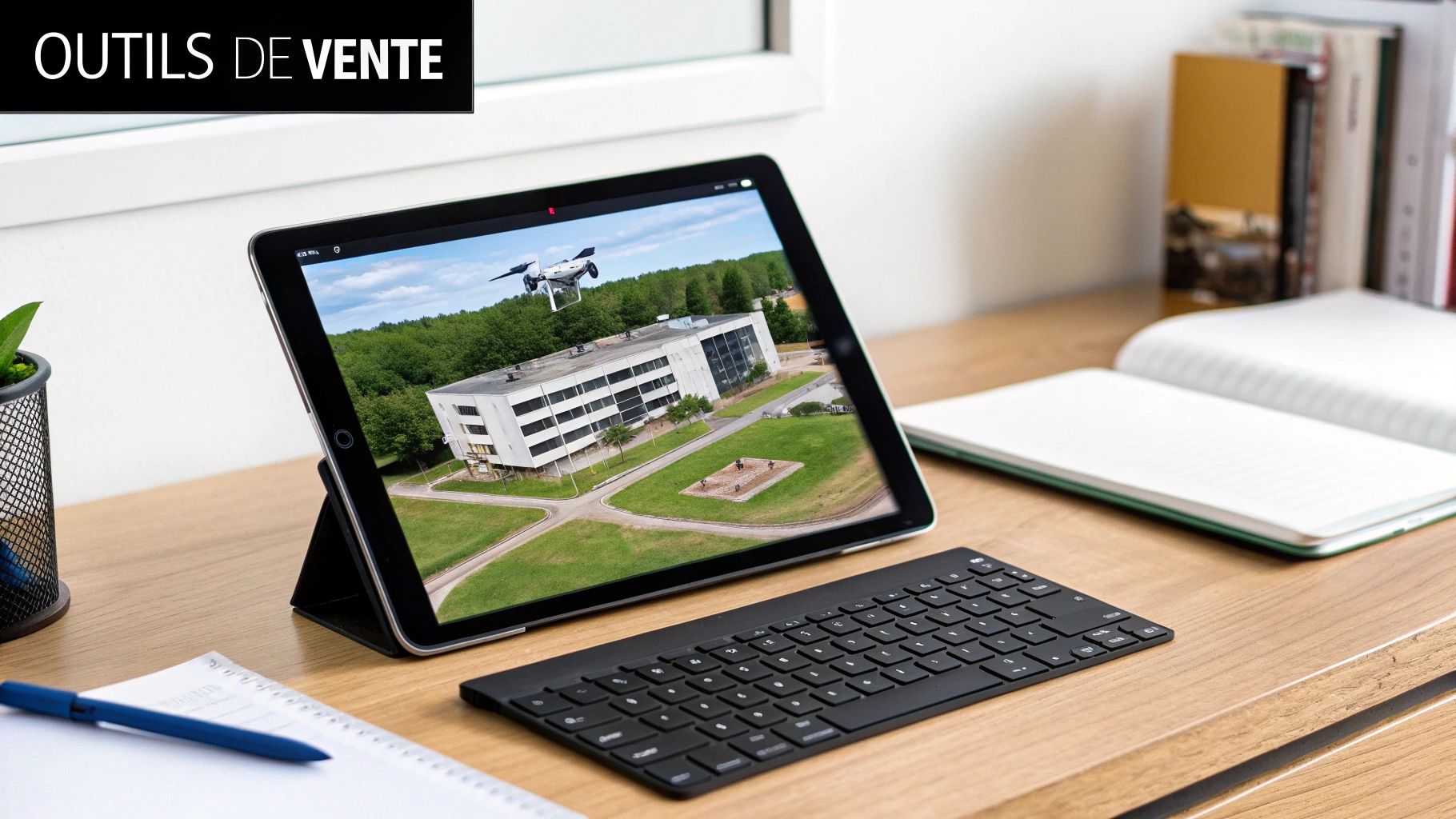 Tablette sur un bureau affichant une image aérienne d'un bâtiment avec un drone, à côté d'un clavier et d'un cahier.