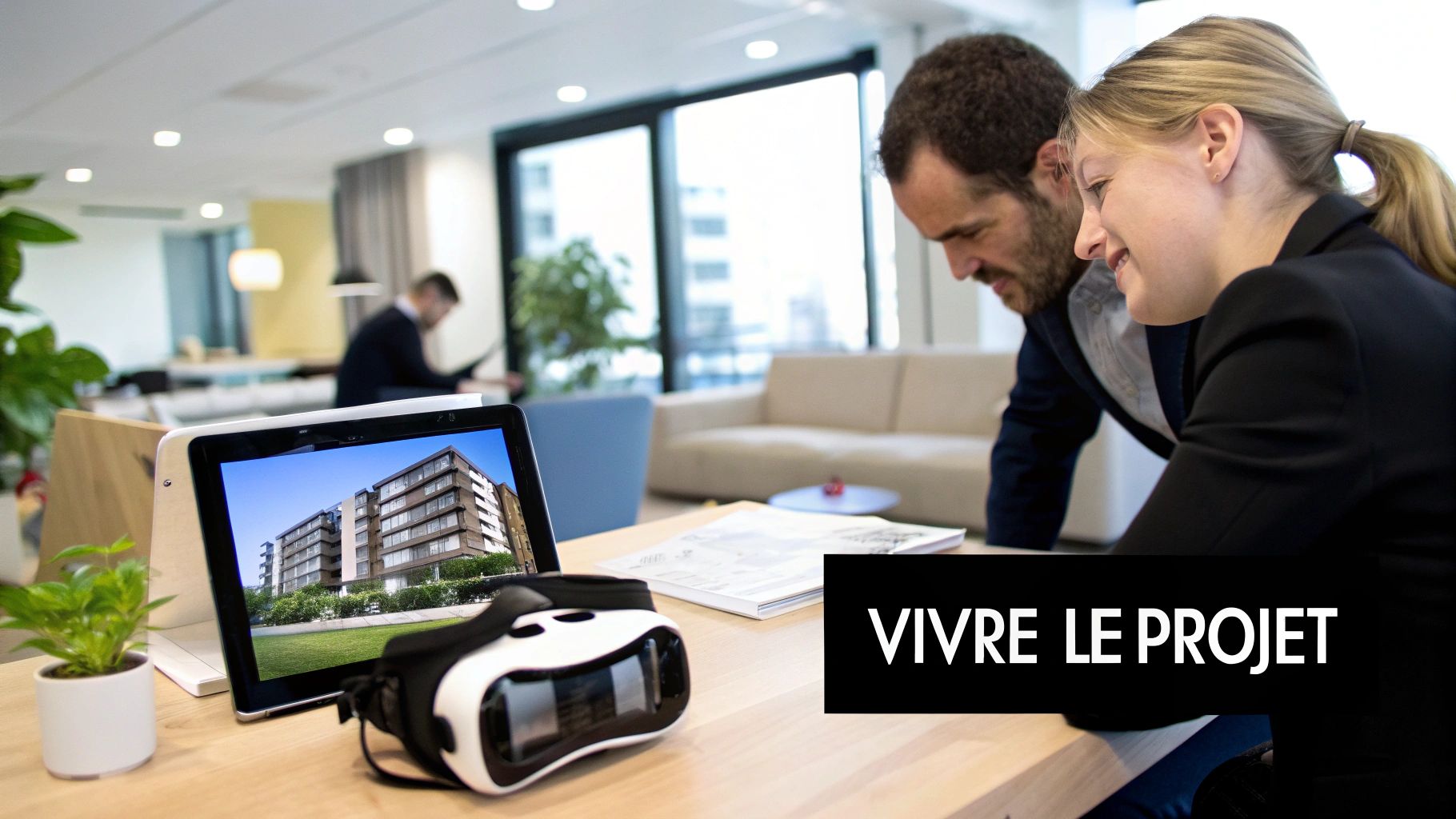 Deux personnes examinent un projet immobilier sur une tablette avec un casque VR, dans un bureau moderne.