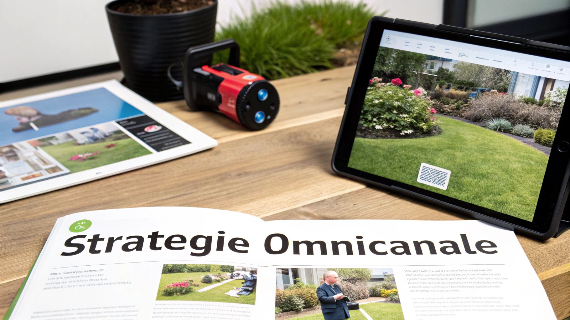 Une tablette affiche un jardin virtuel en 3D, avec un appareil de mesure et un magazine de design.