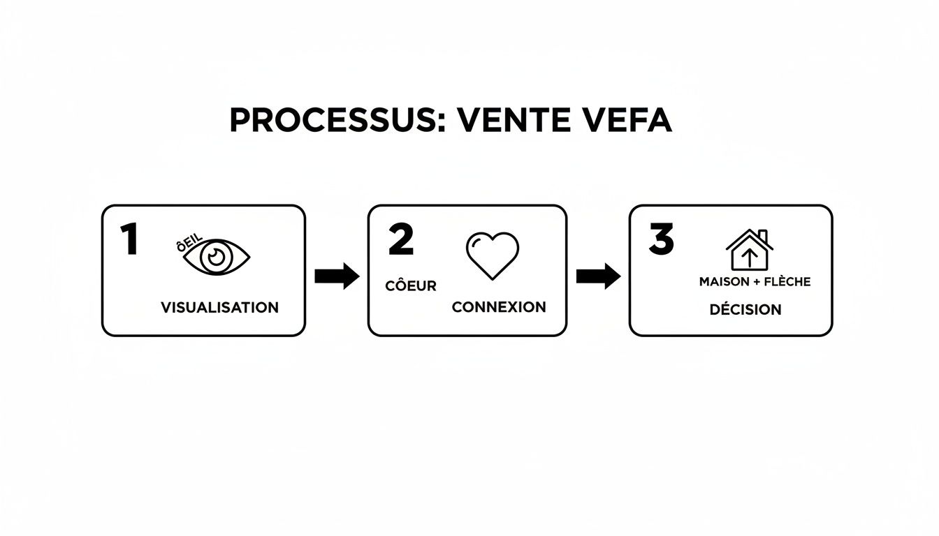Diagramme du processus de vente VEFA en trois étapes : Visualisation, Connexion émotionnelle, et Décision finale.