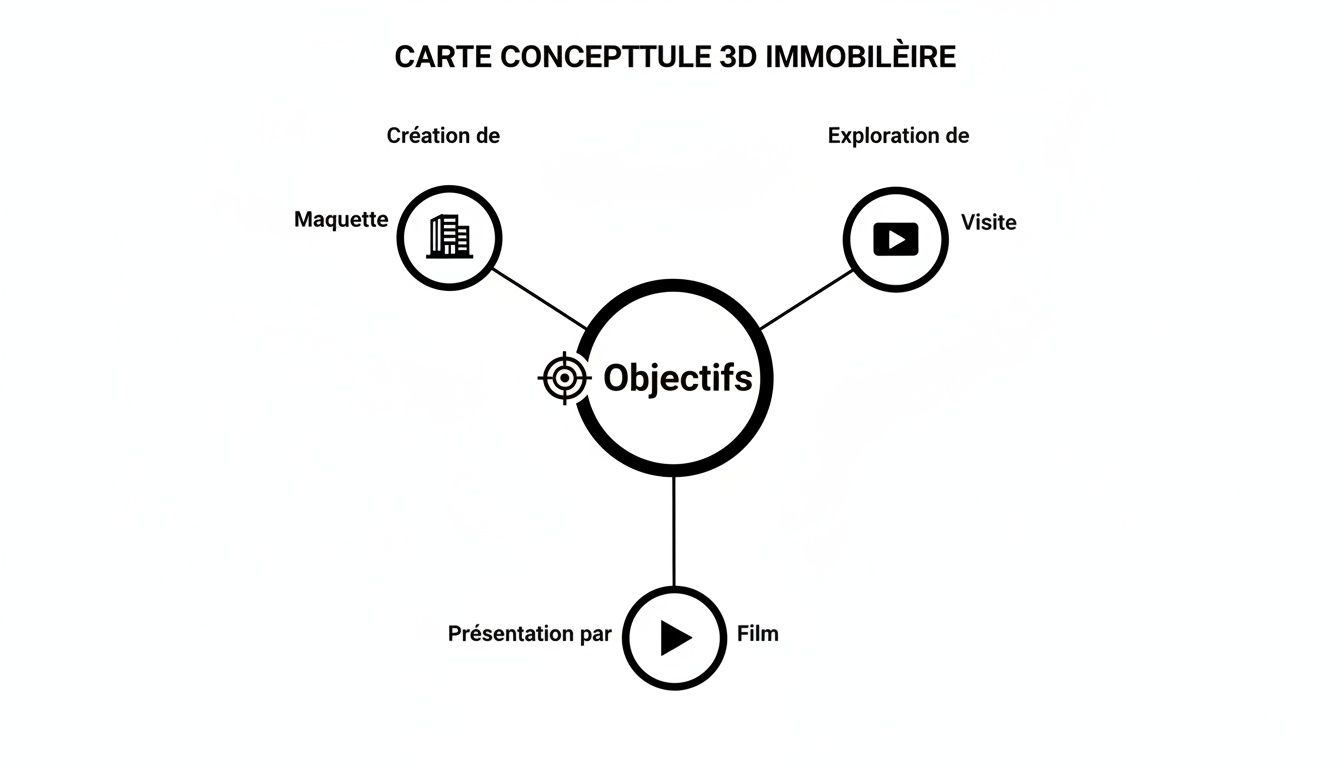 Carte conceptuelle 3D immobilière montrant les objectifs : création de maquette, exploration de visite virtuelle et présentation par film.