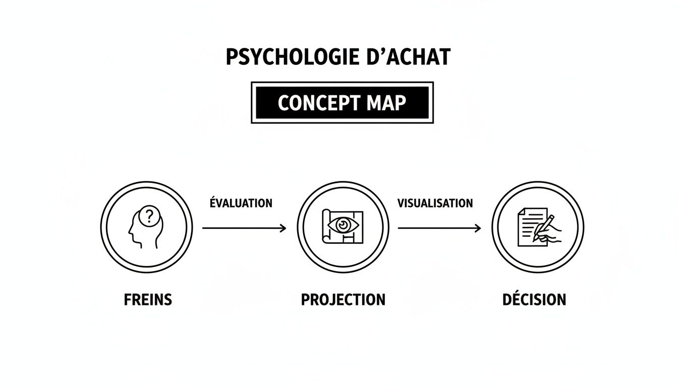 Diagramme de la psychologie d'achat détaillant les étapes clés: freins, évaluation, projection, visualisation et décision.