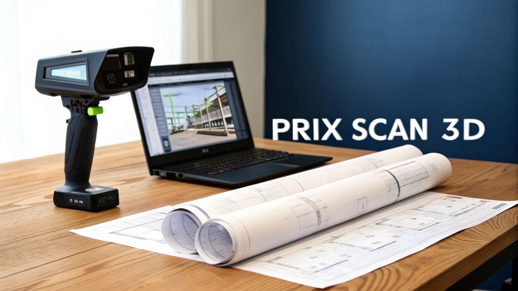 Scanner 3D professionnel, ordinateur portable affichant un modèle architectural et plans sur une table en bois.