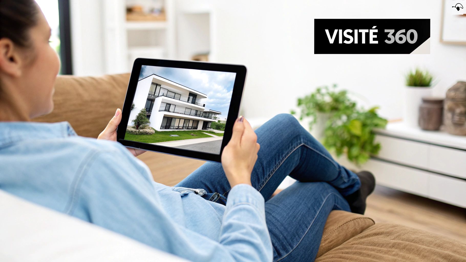 Une femme détendue sur un canapé regarde une maison moderne sur une tablette, avec une bannière 'Visite 360'.