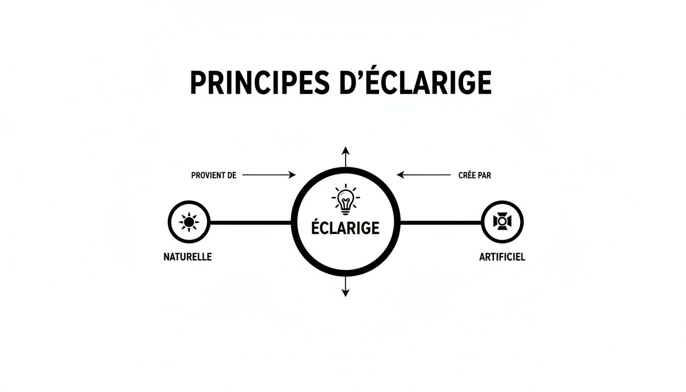 Diagramme des principes d'éclairage montrant que la lumière provient de sources naturelles et artificielles.