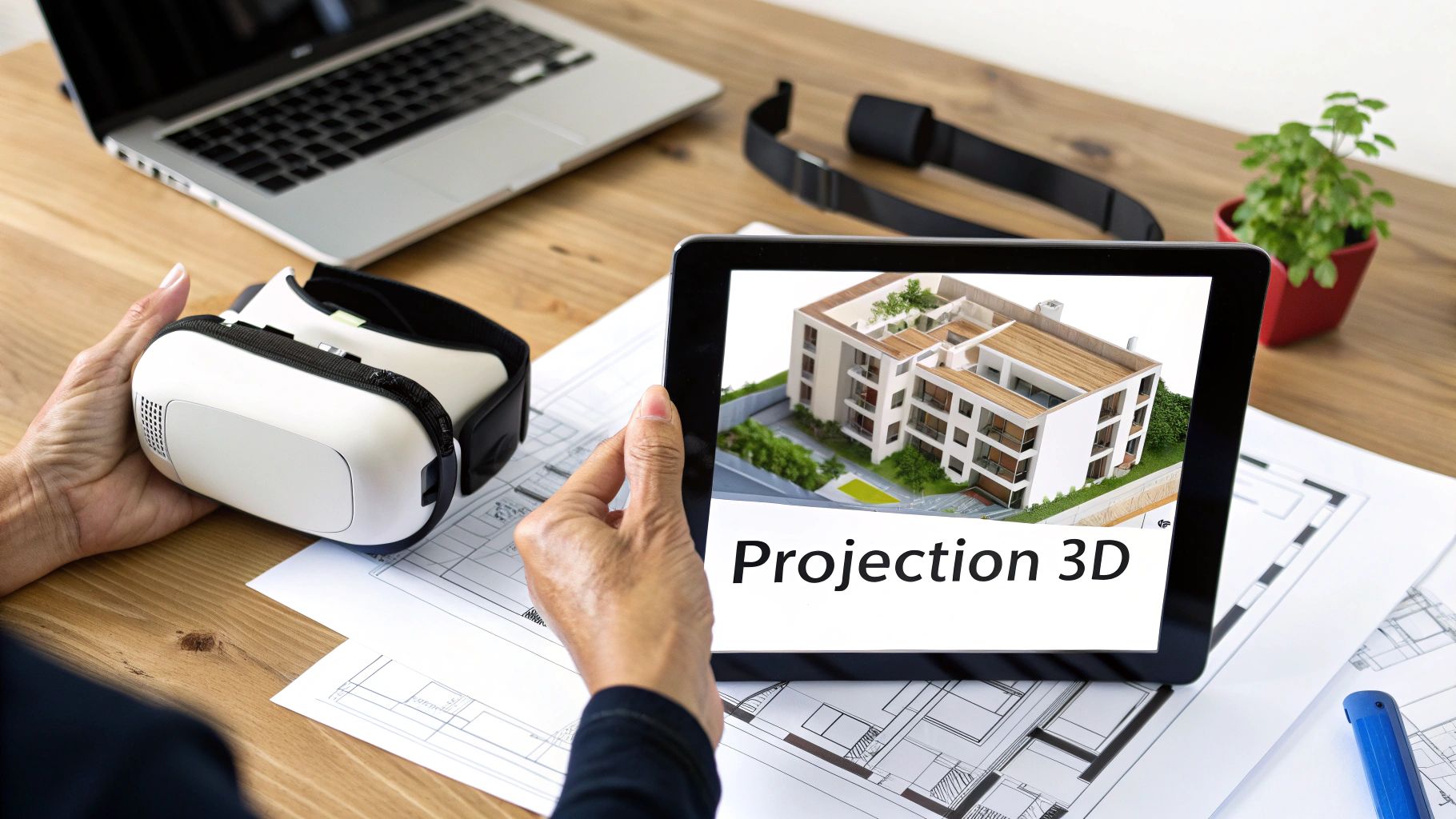 Mains tenant un casque VR et une tablette affichant une projection 3D architecturale sur un bureau.