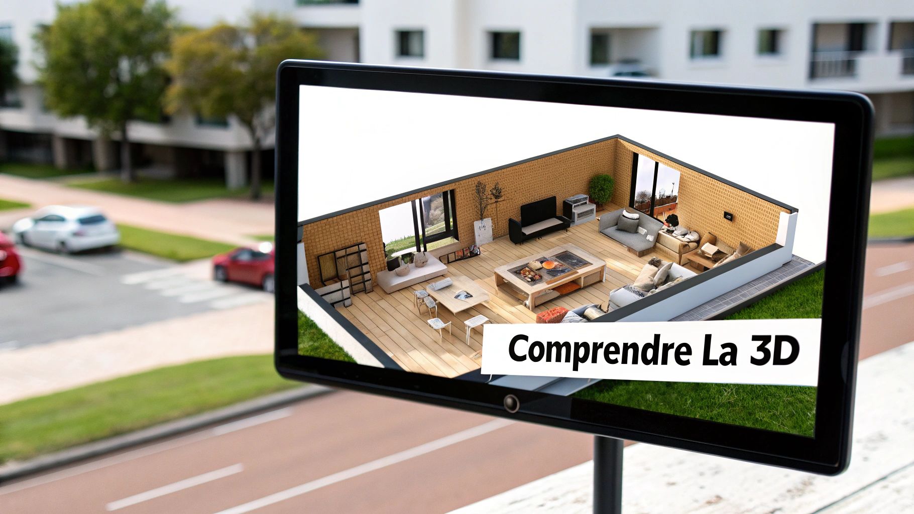 Écran affichant un plan 3D détaillé d'un intérieur de maison moderne, avec un quartier résidentiel en arrière-plan et le texte Comprendre La 3D.