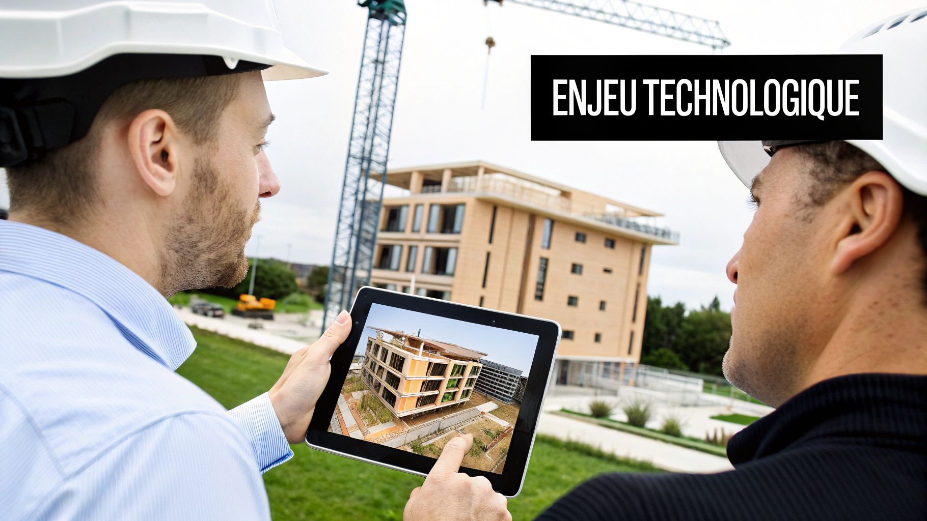 Deux ingénieurs en casque de chantier regardent un modèle 3D de bâtiment sur une tablette, sur un chantier.