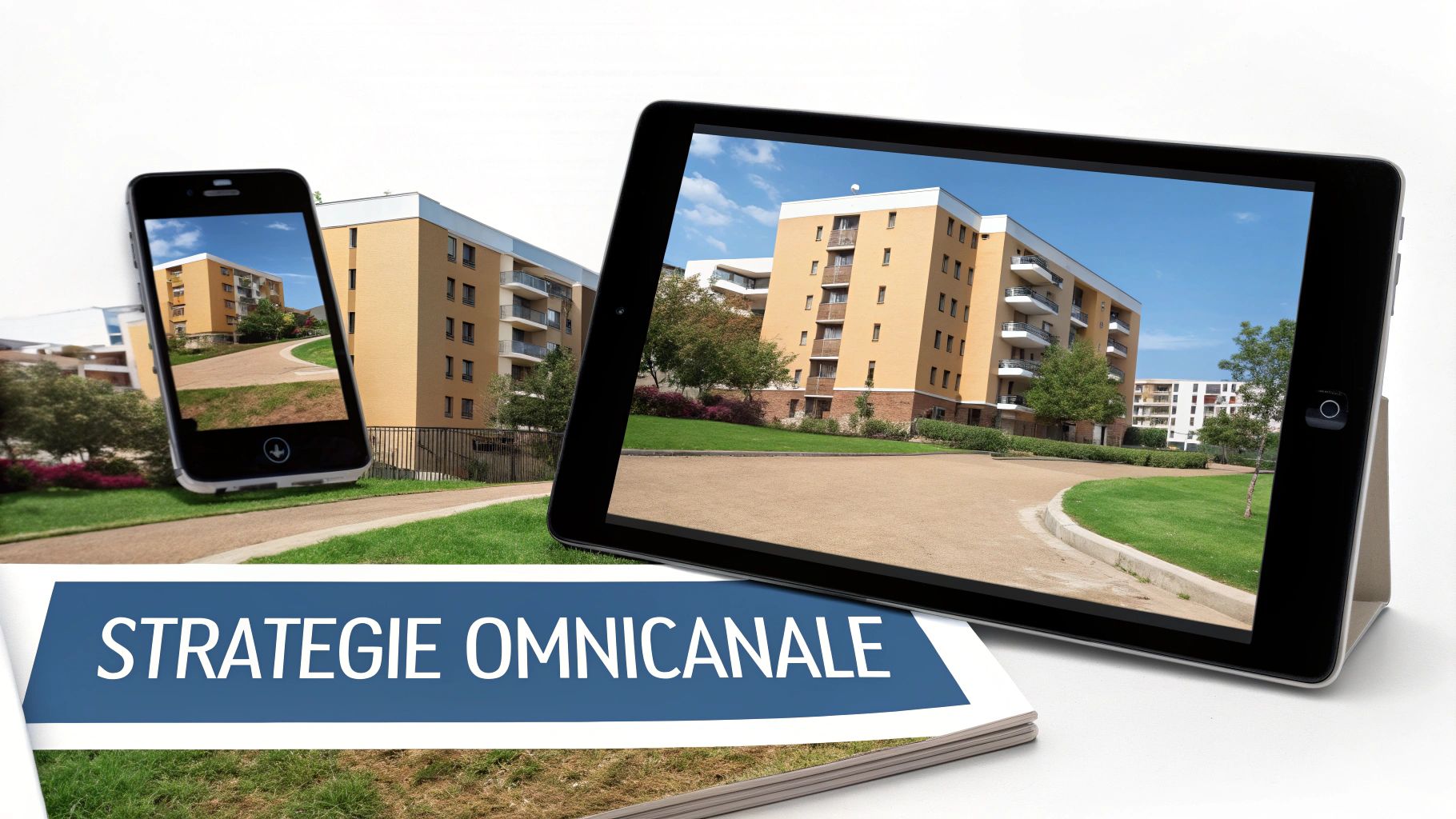 Smartphone et tablette affichant des immeubles modernes, avec un document 'STRATEGIE OMNICANALE' dessous, illustrant une approche marketing intégrée.