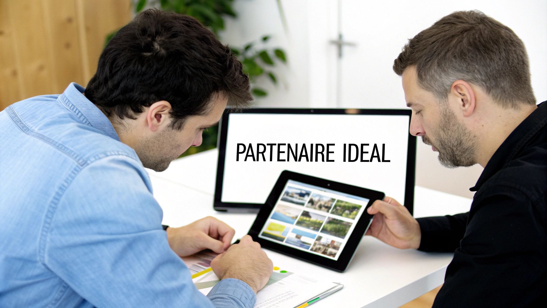 Deux professionnels collaborant sur une tablette numérique pour trouver le partenaire idéal en architecture