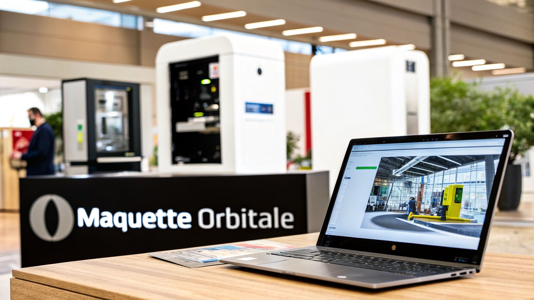 Une main interagissant avec une maquette orbitale 3d sur une borne interactive en bureau de vente