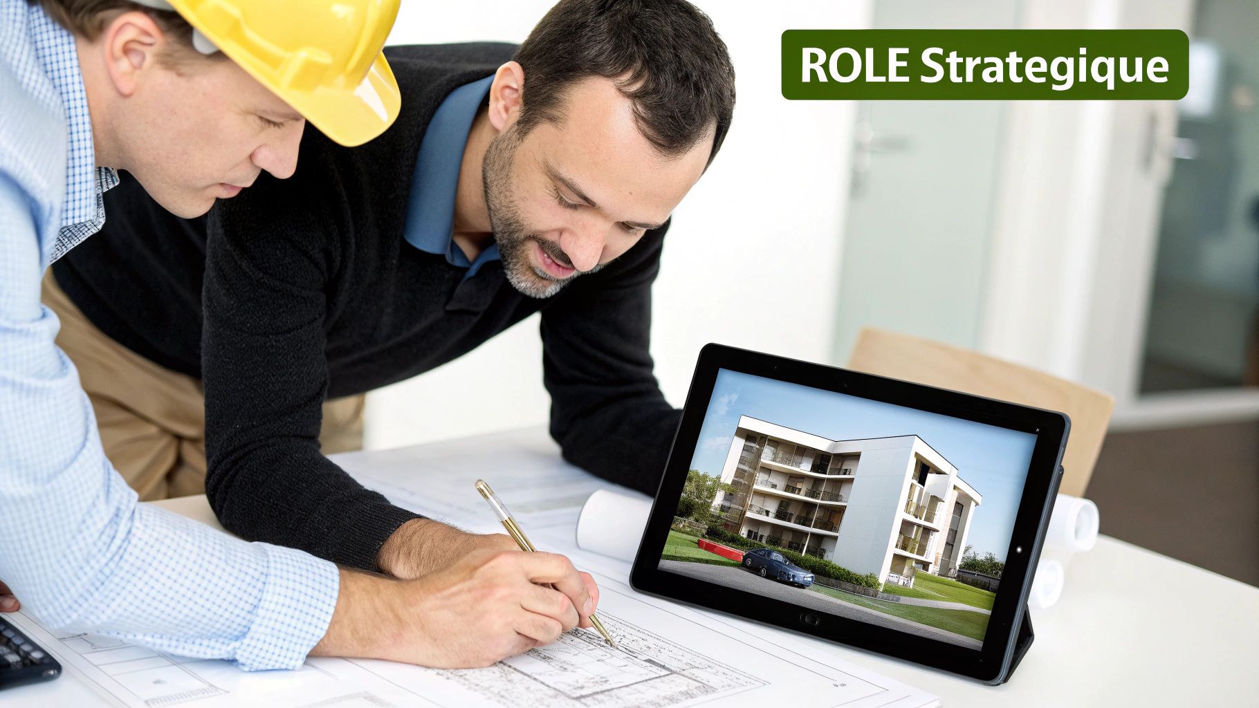 Deux hommes, un architecte avec un casque, examinent des plans de construction et une modélisation 3D.
