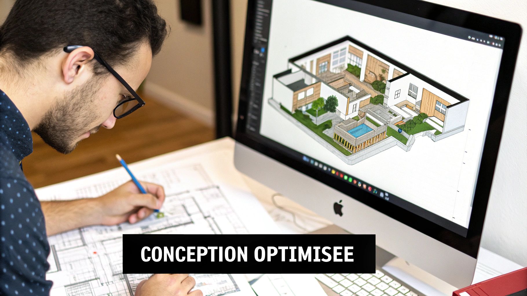 Un architecte utilisant une tablette pour visualiser un plan d'appartement en 3D dans un bureau moderne.