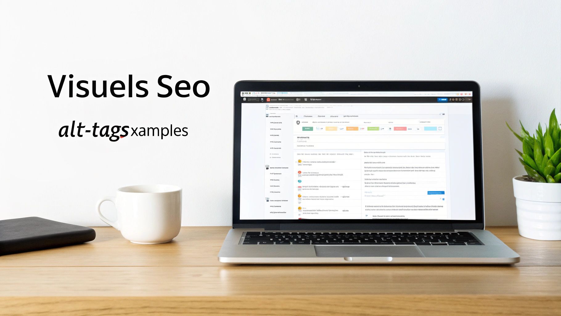 Ordinateur portable sur bureau en bois avec tasse de café et plante. Le mur blanc affiche "Visuels SEO alt-tags examples".