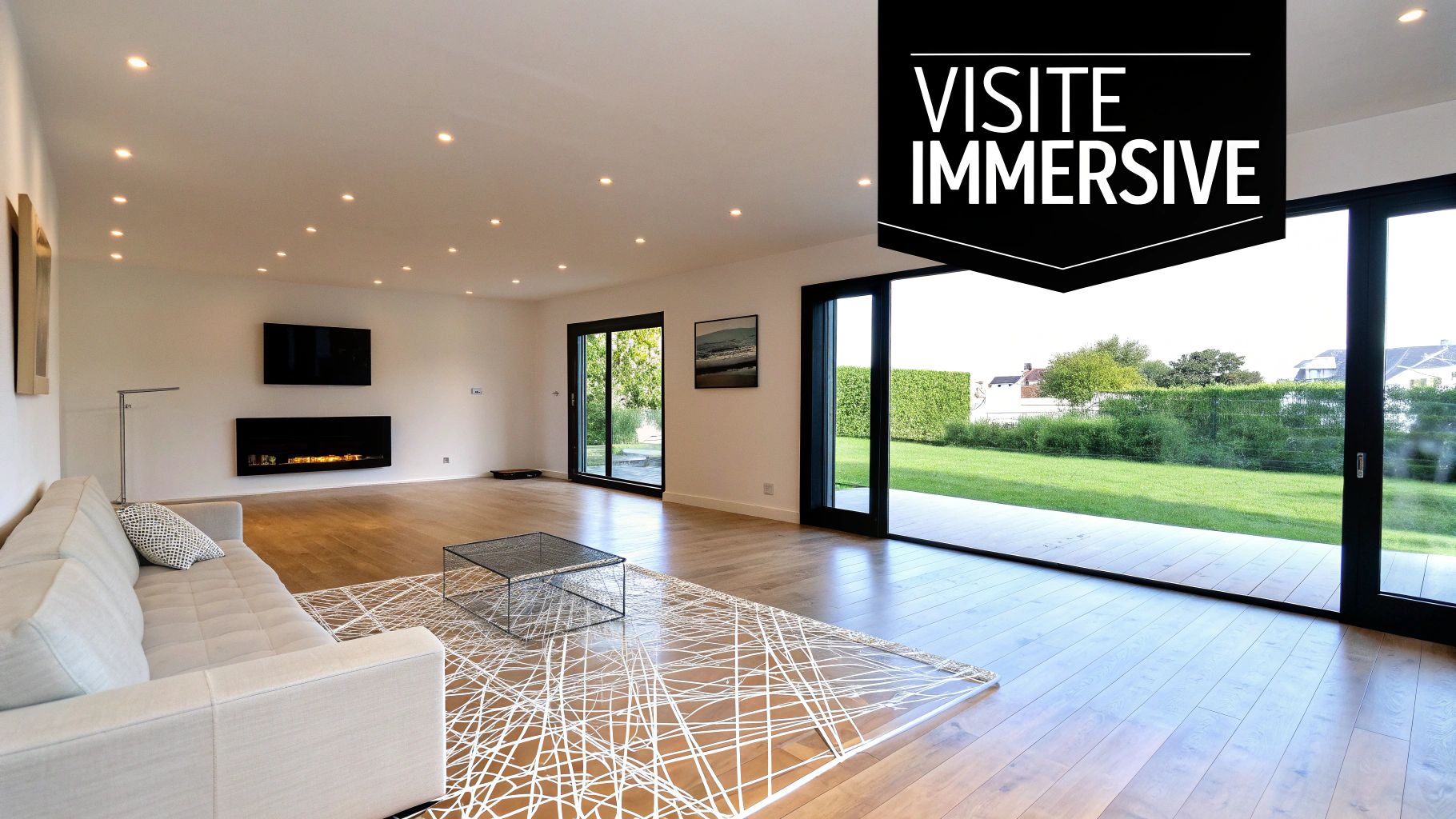 Intérieur contemporain d'une maison lumineuse, avec cheminée, TV, canapé et accès direct à un grand jardin verdoyant.