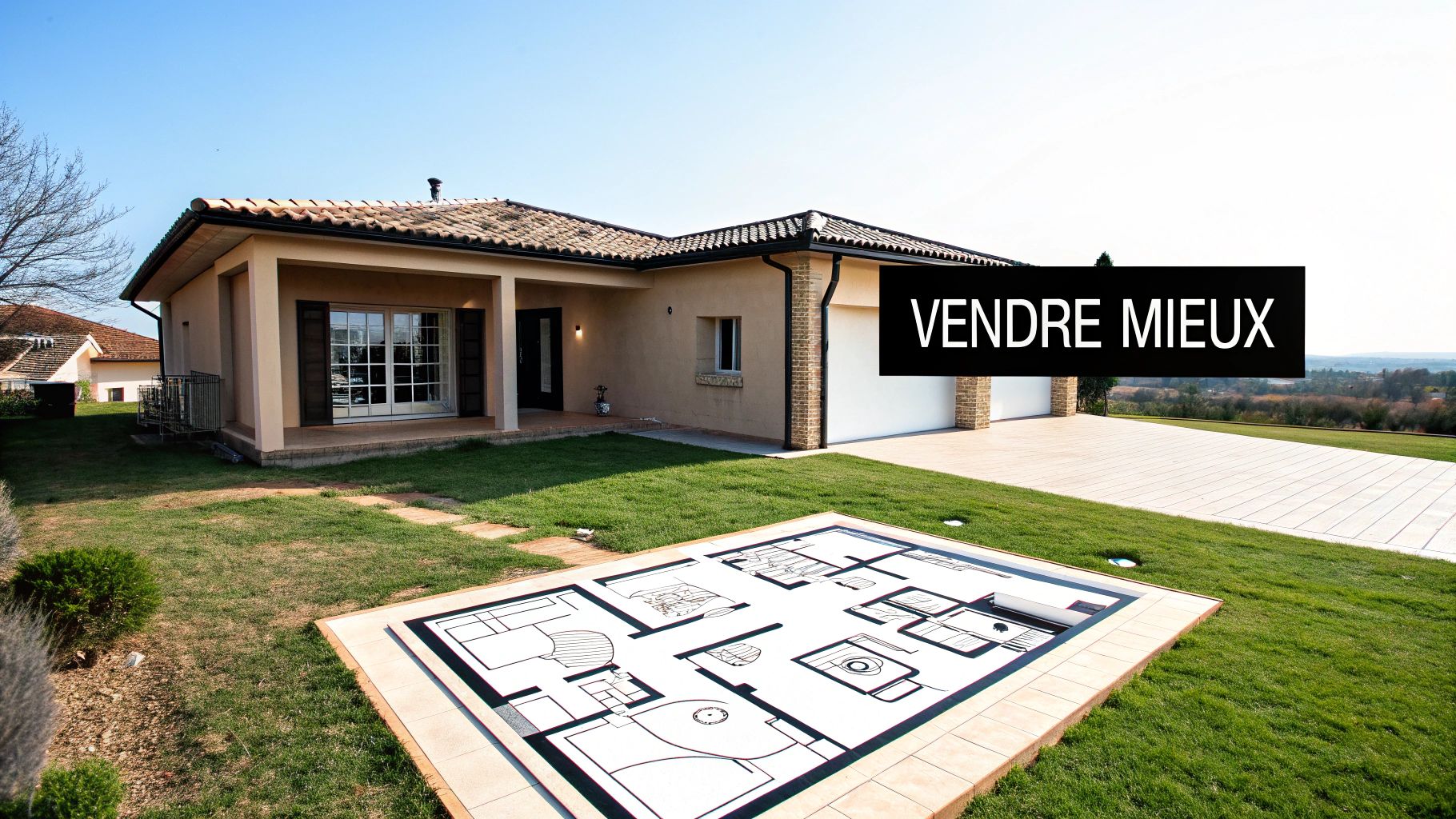 Maison moderne avec plan de sol 3D extérieur visible sur la pelouse et jardin verdoyant sous un ciel bleu clair.